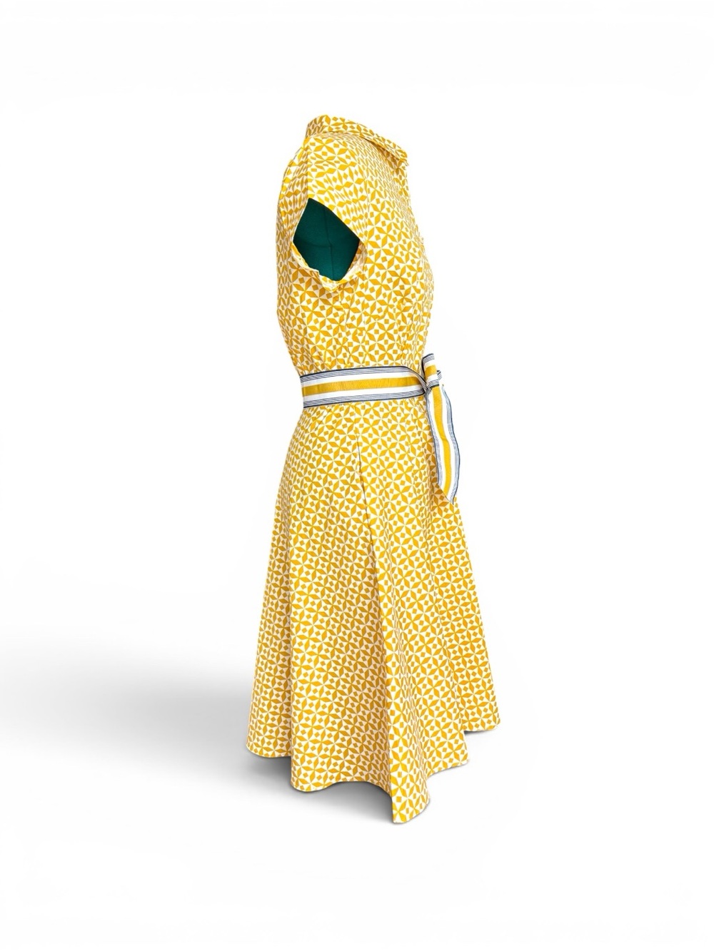 Yellow Geometric Midi Shirt Dress with Striped Tie Belt - Picture 3 of 11